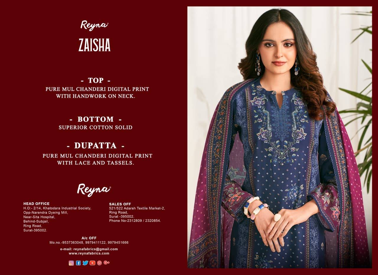 ZAISHA By REYNA 10509 A TO 10511 Beautiful Festive Suits Stylish Colorful Fancy Casual Wear & Ethnic Wear PURE MUL CHANDERI Dresses At Wholesale Price